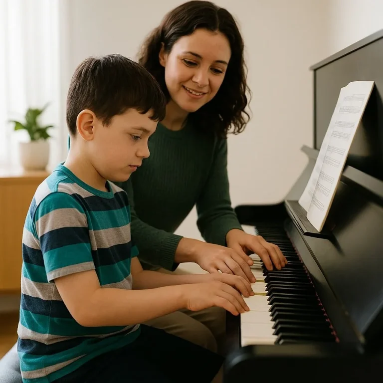 Music teacher giving a young student a one-on-one piano lesson