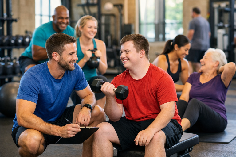 Adaptive fitness session with trainers and participants lifting dumbbells in a gym