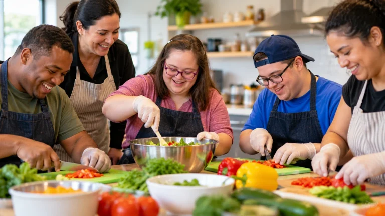Participants and instructors chopping vegetables and making salad together in a cooking class